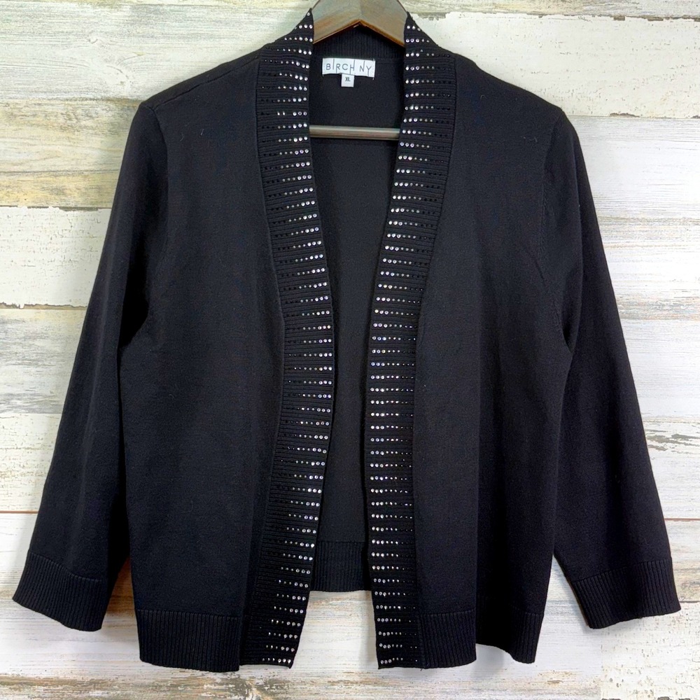 BIRCH NY Black Rhinestone Embellished Open‎ Front Cardigan Sweater XL